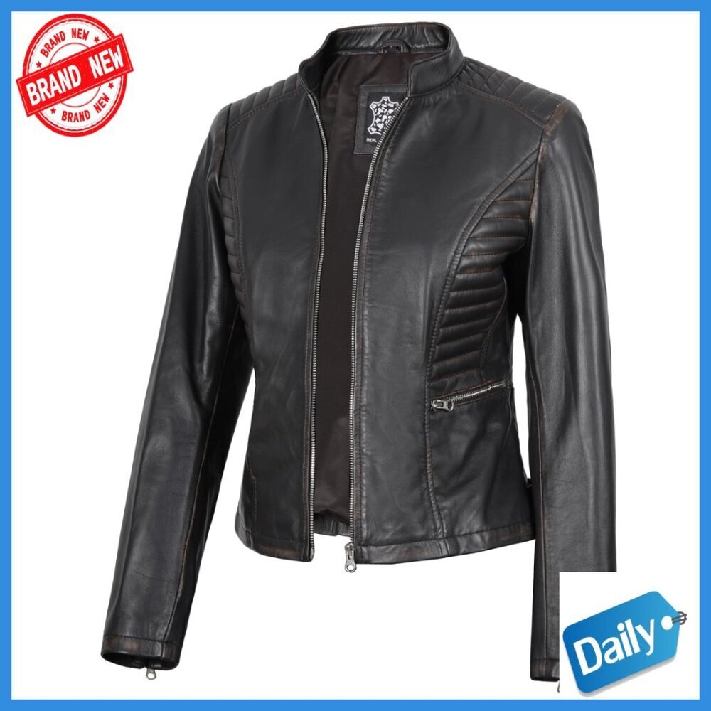 Real Lambskin Leather Jacket Women, Regular Fit, Zipper Closure, Quilted